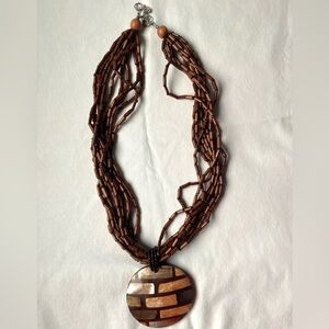 Vintage 10 Strand Bead Necklace Round Pendant With Mother-Of-Pearl Mosaic Inlay